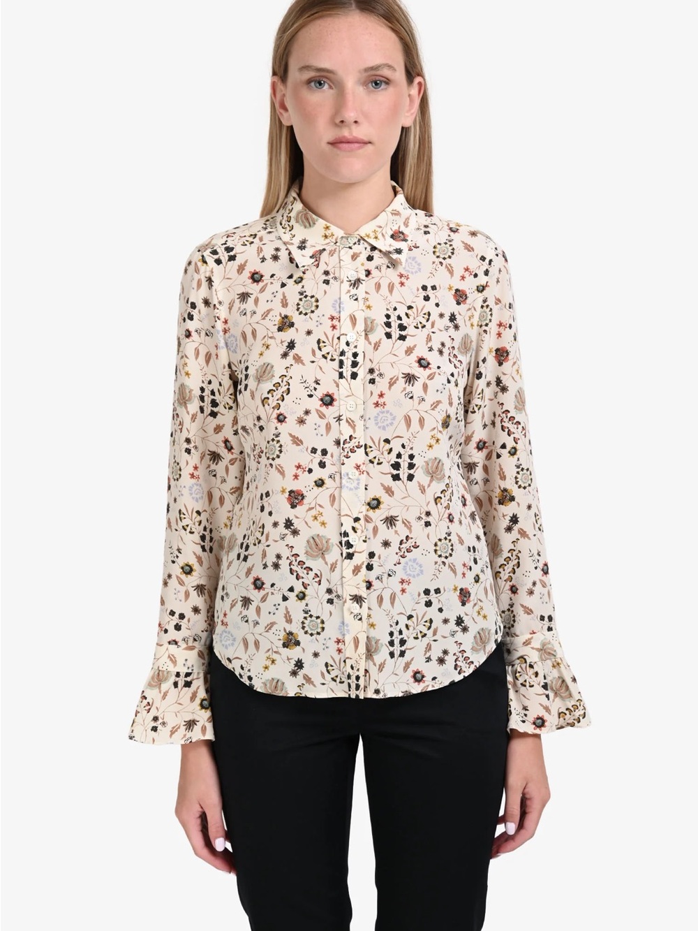 FRAME CREAM FLORAL PATTERN SILK RUFFLED CUFF SHIRT, Small